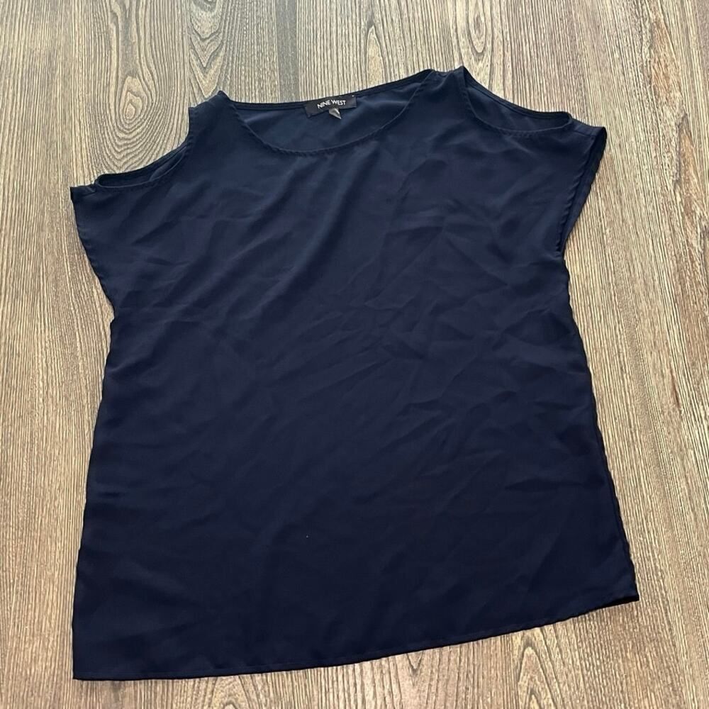 Nine West Womens Cold Short Sleeve Blouse Top Round Neck Pullover Navy Size XS
